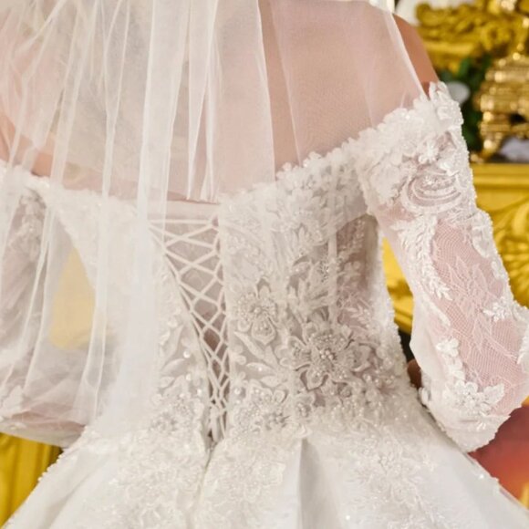 New Off The Shoulder Mesh Wedding Gown w/Floral Lace & Sheer Voned Bodice GL3824 - Picture 12 of 15